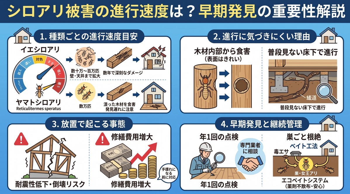 シロアリ被害の進行速度はどれくらい？放置で起こることと早期発見の重要性について解説！