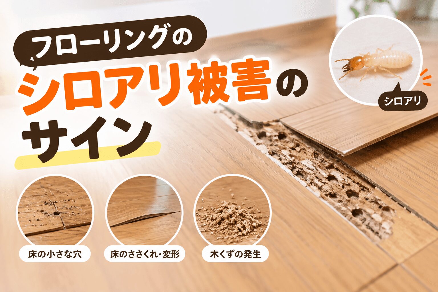 フローリングのシロアリ被害のサインとは？原因と発見後の対処法を解説！