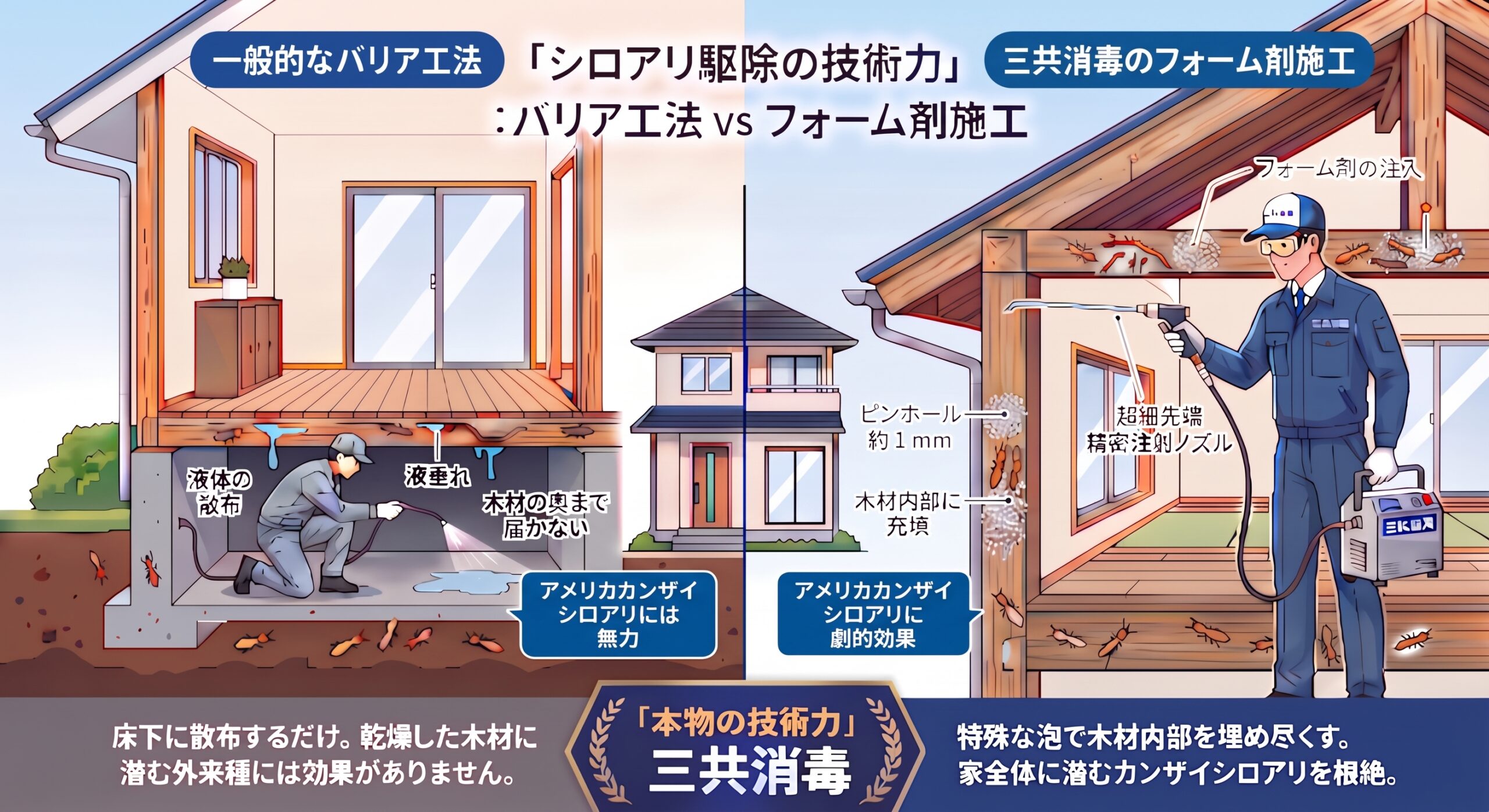 アメリカカンザイシロアリを駆除できる会社は「本物」だ！三共消毒が誇る圧倒的技術力と「フォーム剤」施工の真価